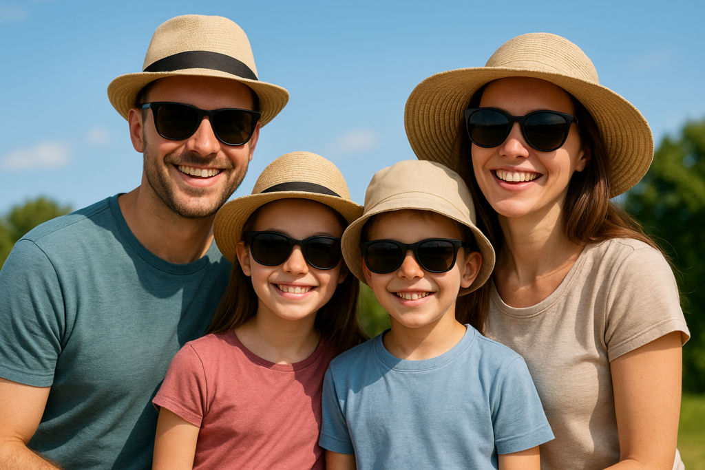 Family outdoors): Alt text: "Family wearing hats and sunglasses for complete UV eye protection"