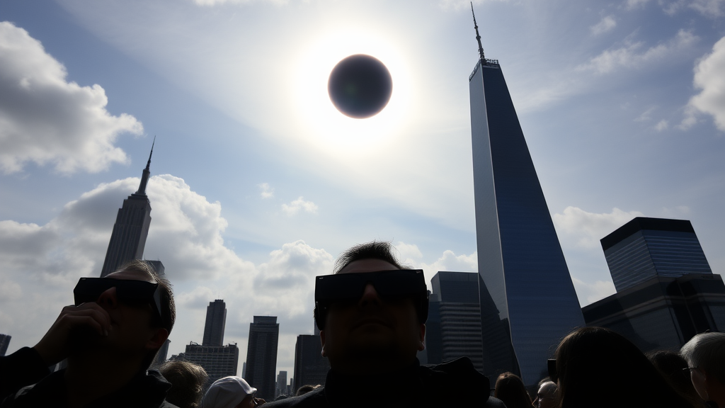 Solar eclipse in New York City, showcasing people wearing eclipse glasses while observing the obscured sun against the skyline. The scene emphasizes safe solar eclipse viewing tips.